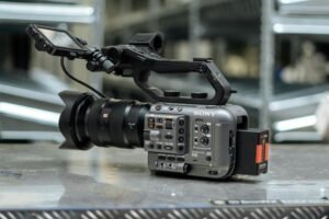 High-quality video camcorder with advanced features on display indoors.
