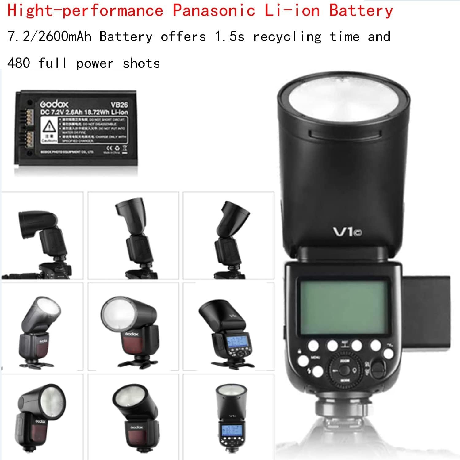 Godox V1 V1-S V1S Round Head Camera Flash for Sony Flash Speedlight Speedlite Light,76Ws 2.4G TTL1/8000 HSS,480 Full Power Shots,1.5s Recycle Time,2600mAh Li-ion Battery,10 Levels LED Modeling Lamp - Image 7