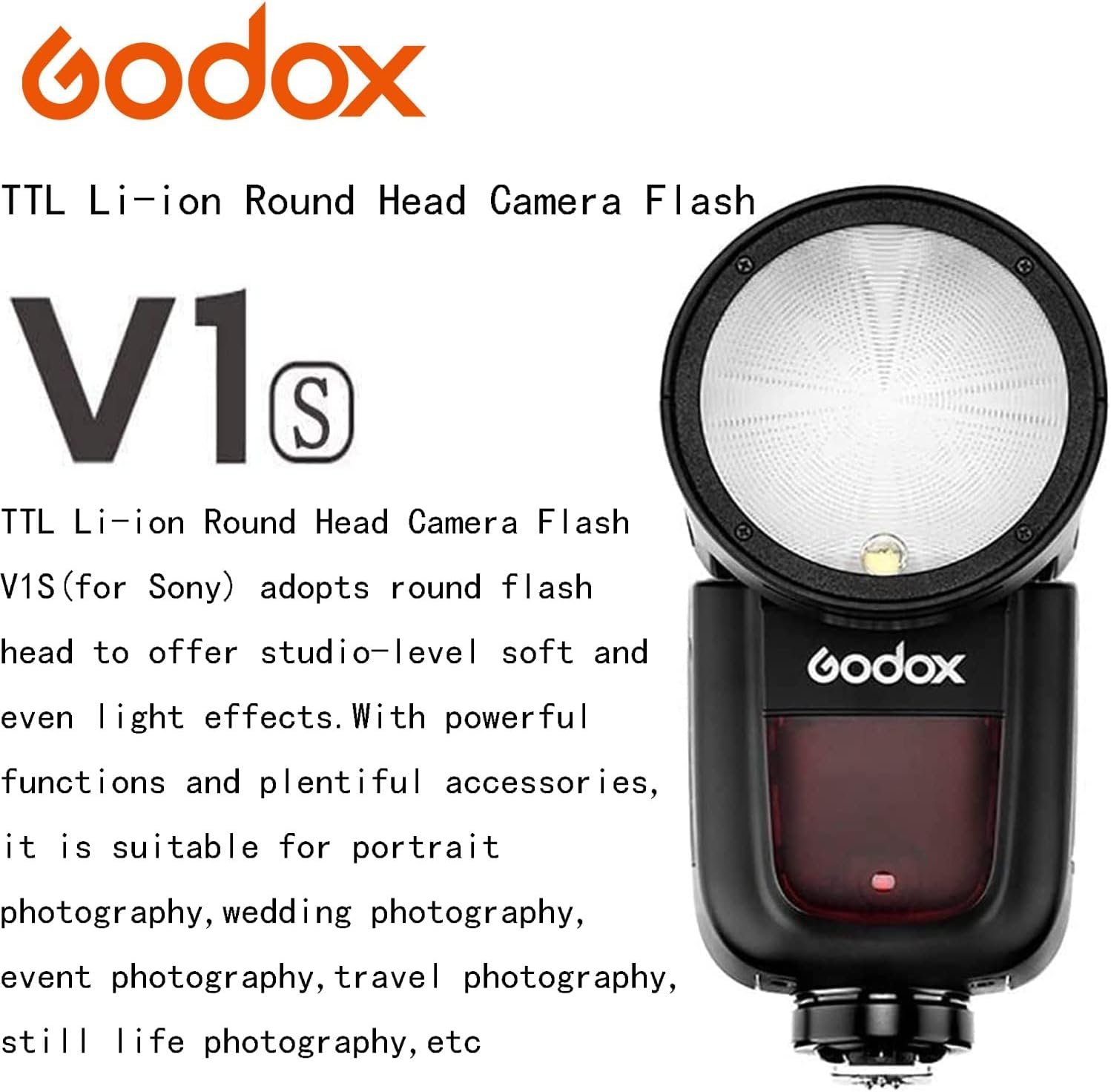 Godox V1 V1-S V1S Round Head Camera Flash for Sony Flash Speedlight Speedlite Light,76Ws 2.4G TTL1/8000 HSS,480 Full Power Shots,1.5s Recycle Time,2600mAh Li-ion Battery,10 Levels LED Modeling Lamp - Image 9